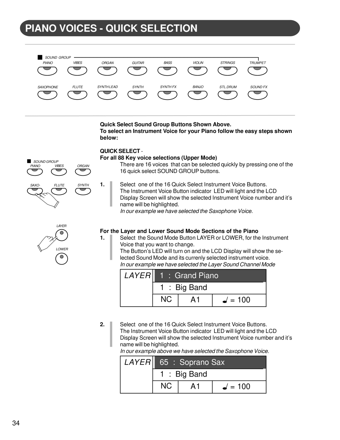 Suzuki Musical Instrument Corp HG-425e manual Piano Voices Quick Selection, Layer 1 Grand Piano 