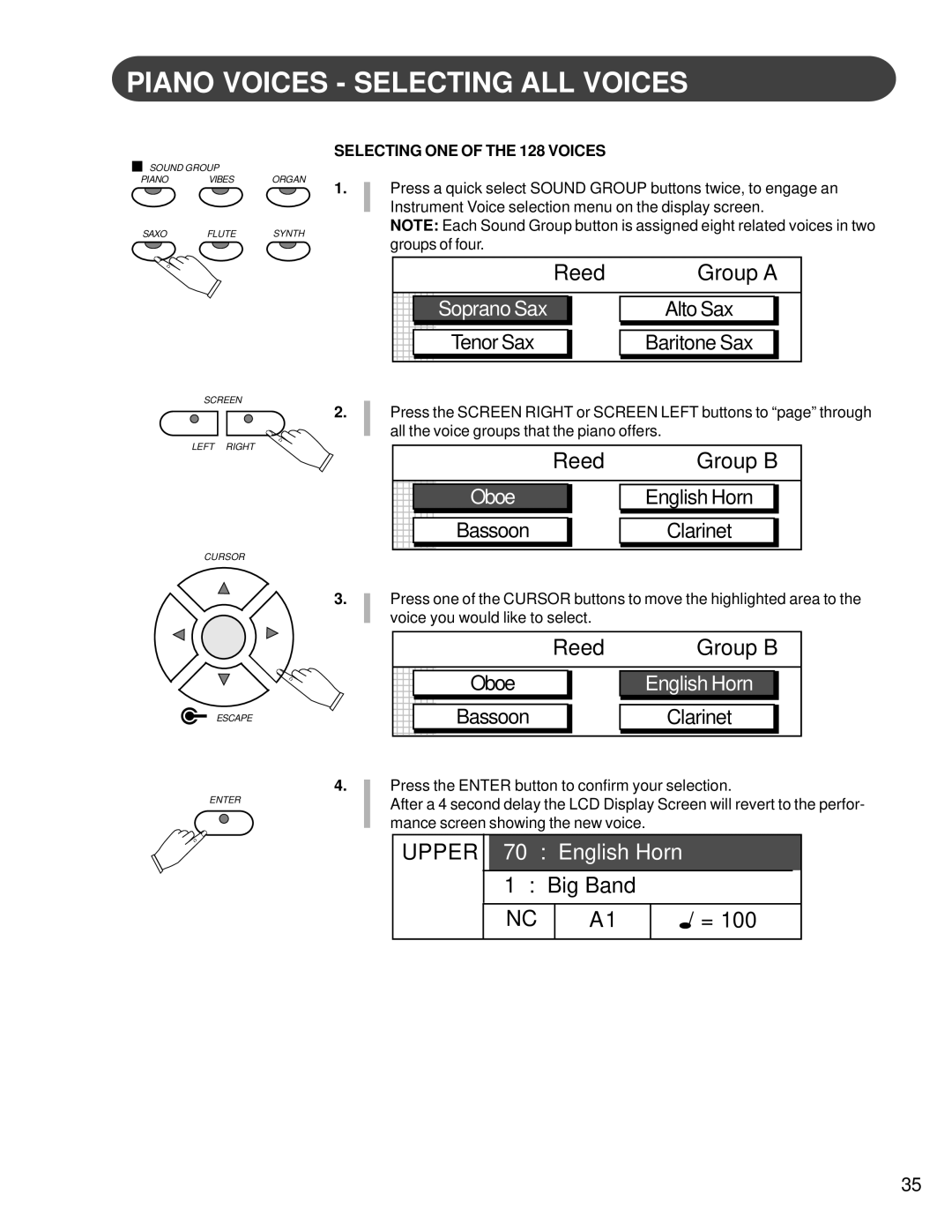 Suzuki Musical Instrument Corp HG-425e manual Piano Voices Selecting ALL Voices, Reed Group a, Reed Group B 