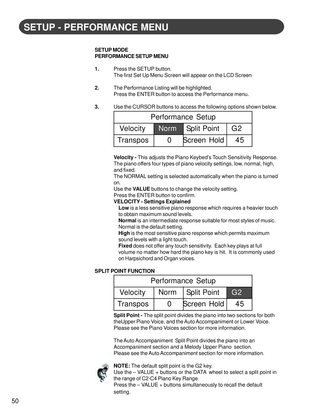 Suzuki Musical Instrument Corp HG-425e manual Setup Performance Menu, Performance Setup Velocity, Norm, Split Point 