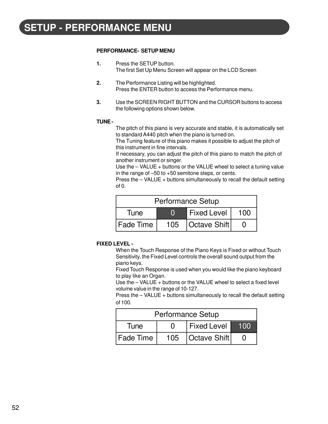 Suzuki Musical Instrument Corp HG-425e manual Performance Setup Tune Fixed Level 100, Fade Time 105 Octave Shift 
