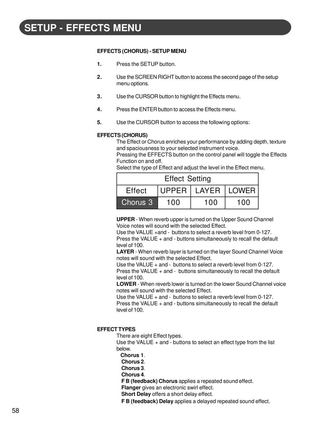 Suzuki Musical Instrument Corp HG-425e manual Setup Effects Menu, Effect Setting, Chorus 