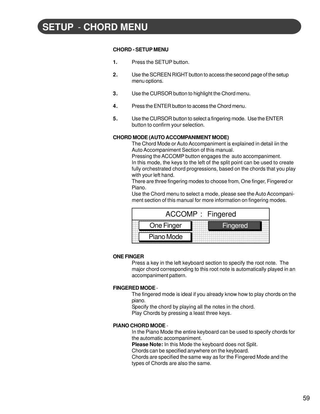 Suzuki Musical Instrument Corp HG-425e manual Setup Chord Menu, Chord Setup Menu, Chord Mode Auto Accompaniment Mode 