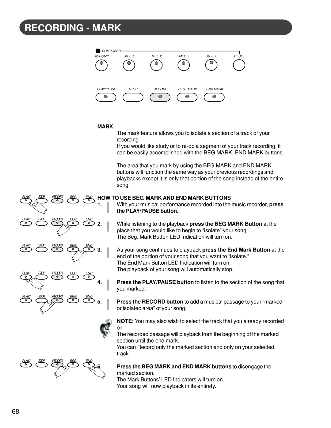 Suzuki Musical Instrument Corp HG-425e manual Recording Mark, HOW to USE BEG. Mark and END Mark Buttons 