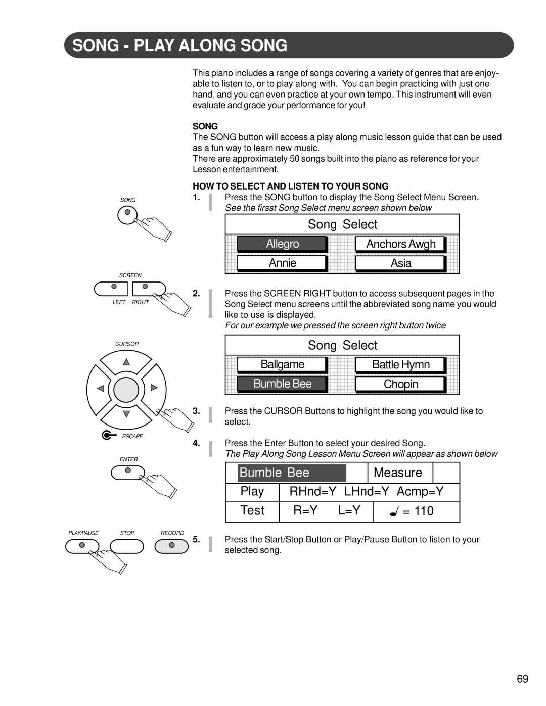 Suzuki Musical Instrument Corp HG-425e manual Song Play Along Song, Song Select, Bumble Bee 