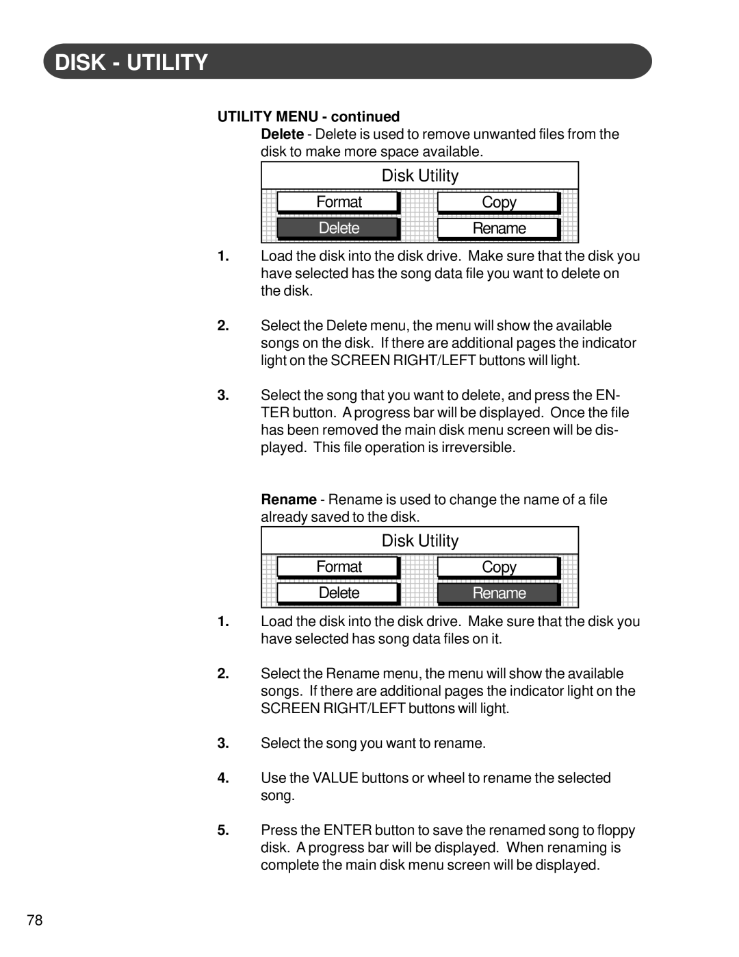 Suzuki Musical Instrument Corp HG-425e manual Copy Rename, Format Delete Copy 