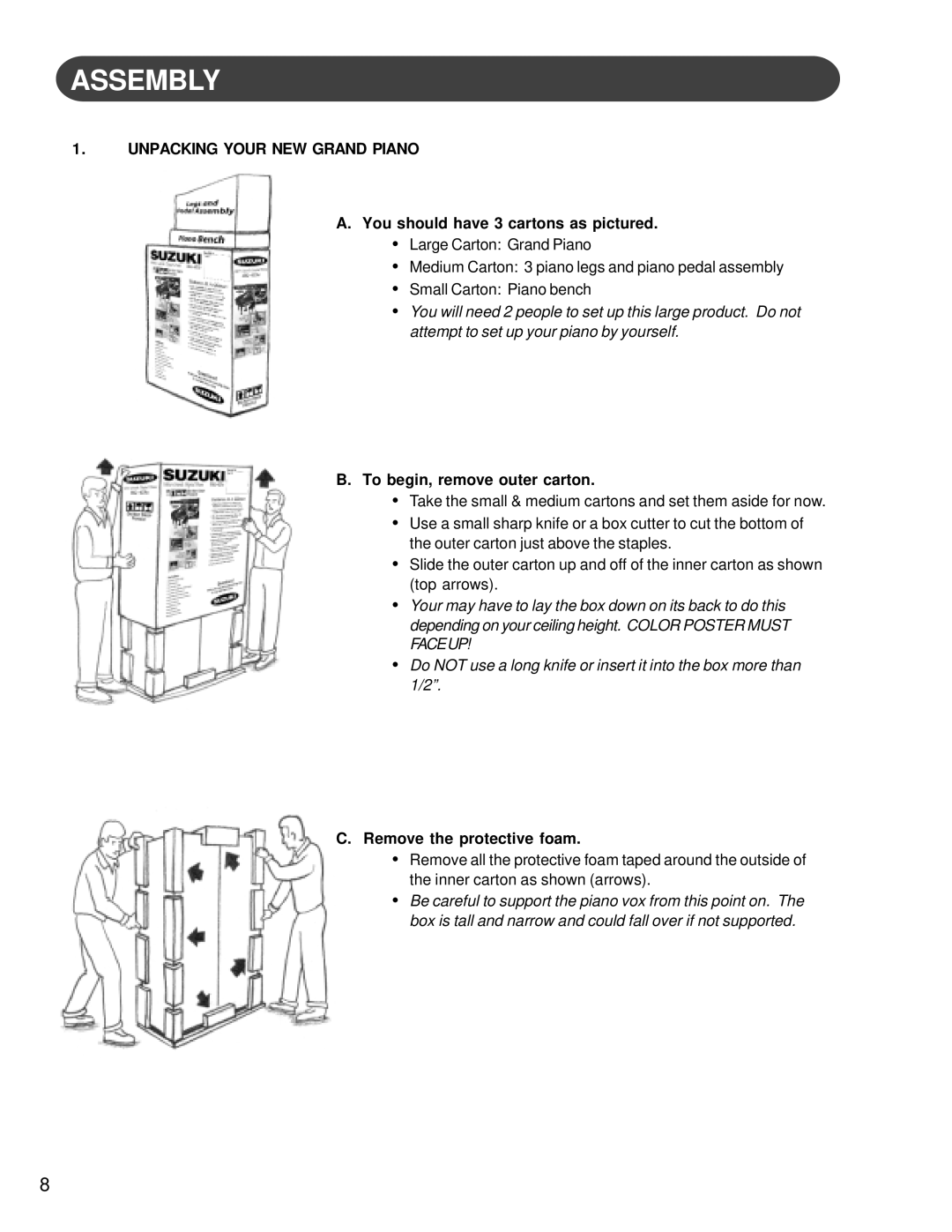 Suzuki Musical Instrument Corp HG-425e manual Unpacking Your NEW Grand Piano, You should have 3 cartons as pictured 