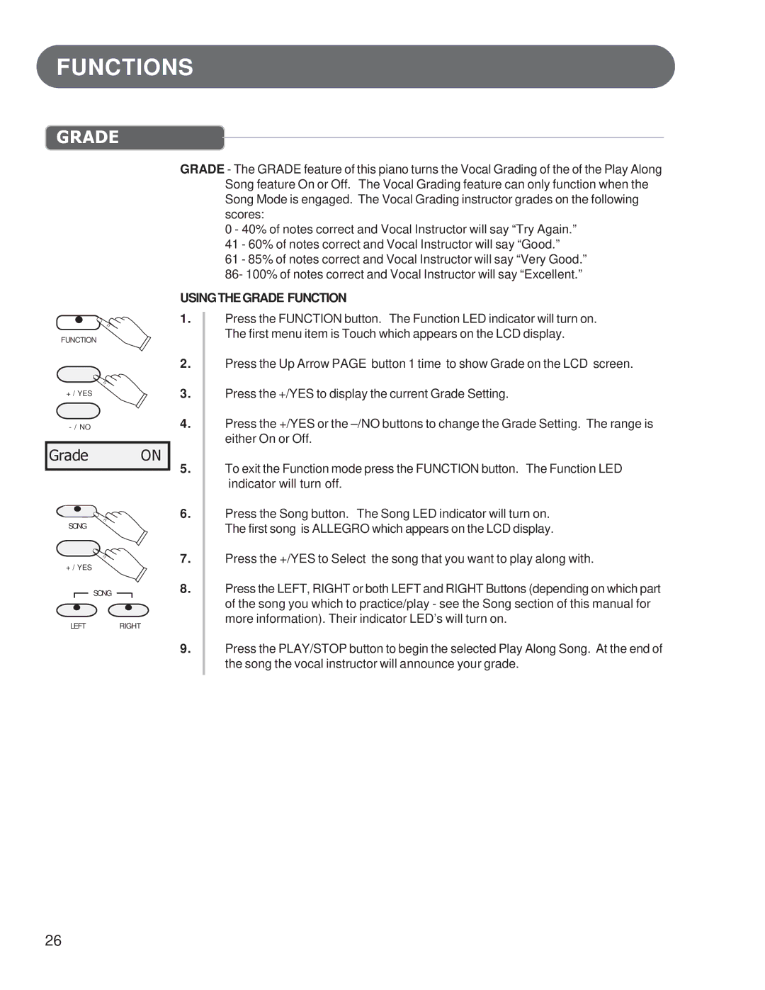 Suzuki Musical Instrument Corp HP-97 manual Grade on, Usingthegrade Function 