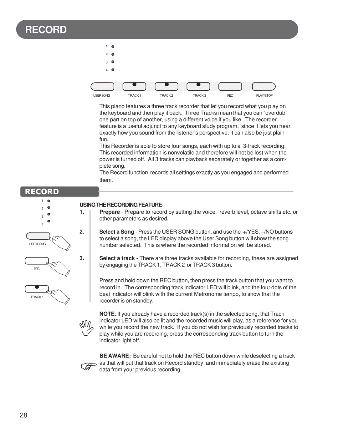 Suzuki Musical Instrument Corp HP-97 manual Record, Usingtherecordingfeature 