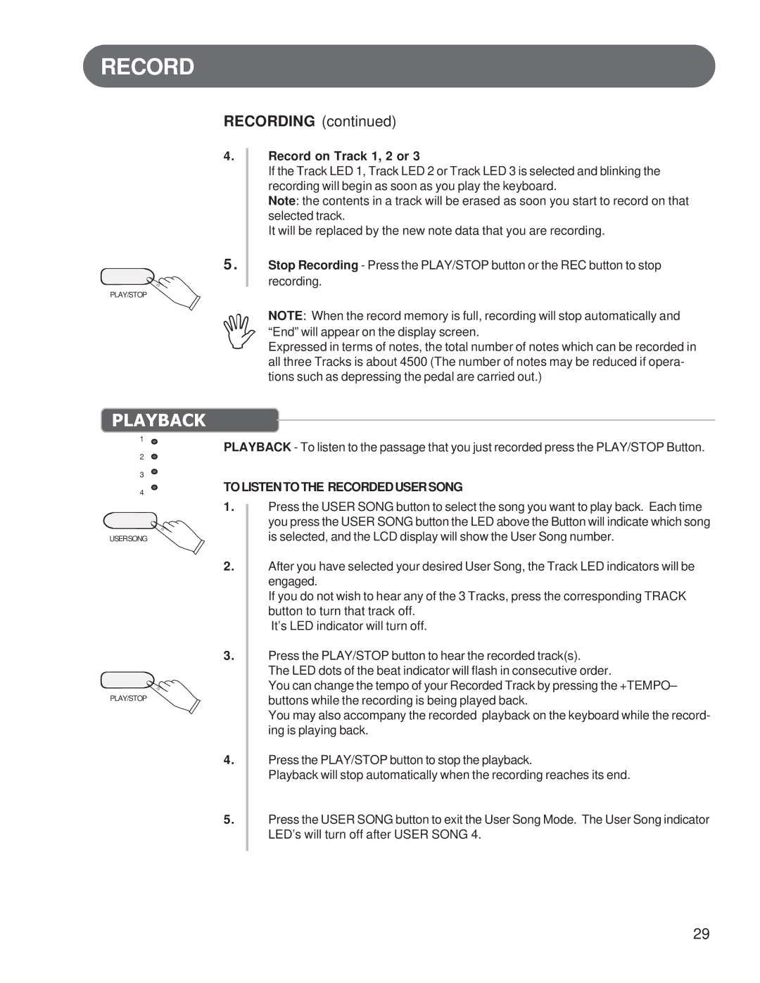 Suzuki Musical Instrument Corp HP-97 manual Playback, Tolistentothe Recordedusersong 