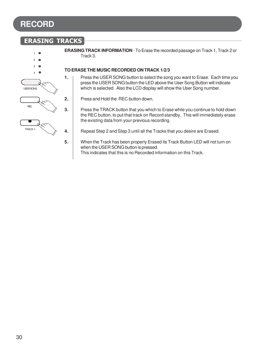 Suzuki Musical Instrument Corp HP-97 manual Erasing Tracks, To Erase the Music Recorded on Track 1/2/3 