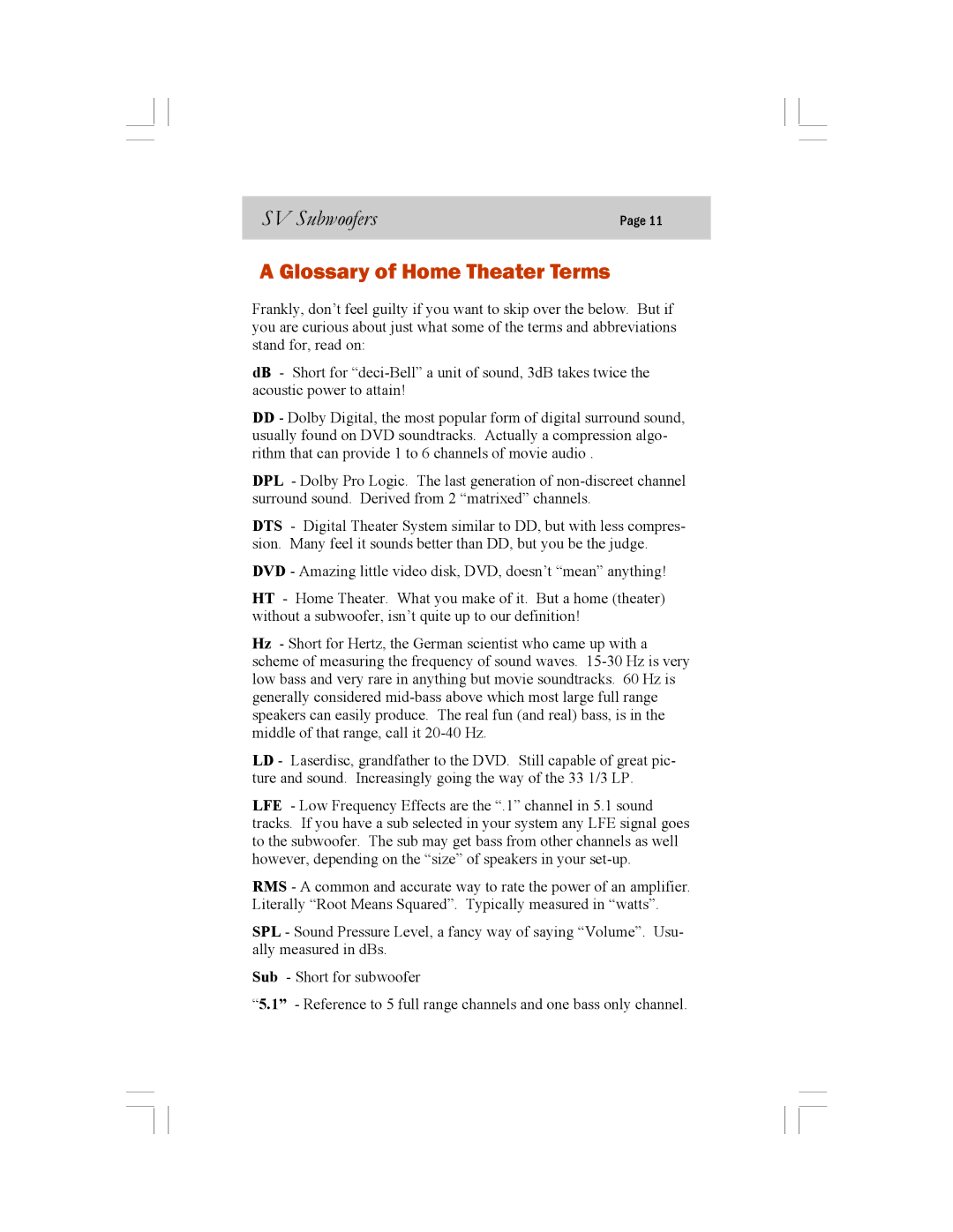 SV Sound 20-39CS, 25-31CS, 16-46CS specifications Glossary of Home Theater Terms 