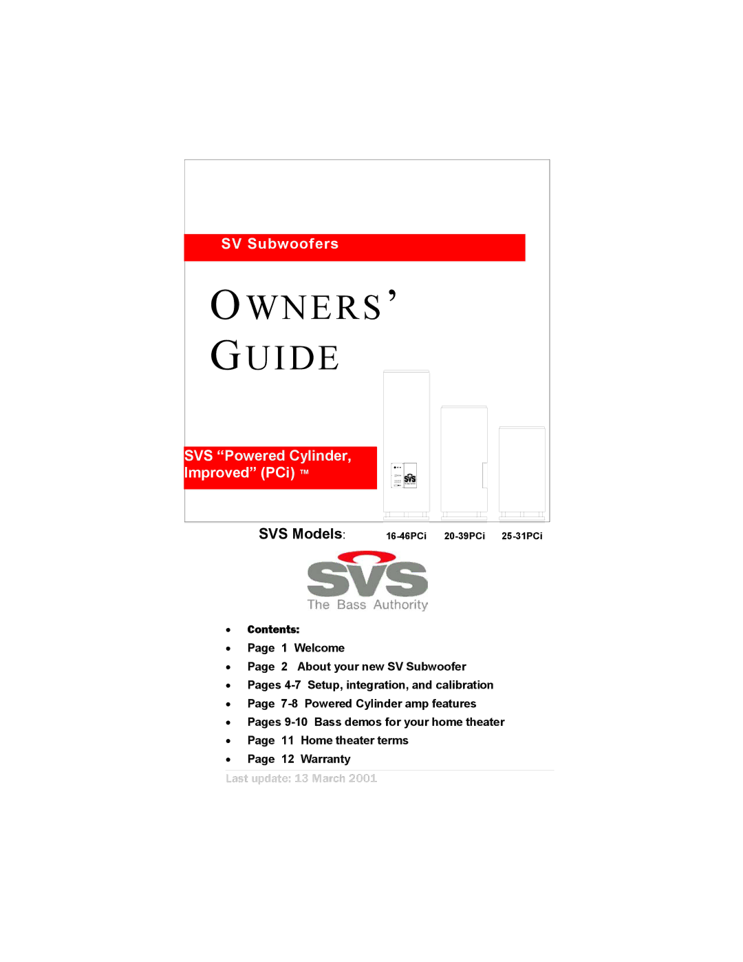 SV Sound 16-46PCi, 25-31PCi, 20-39PCi warranty OWNERS’ Guide 