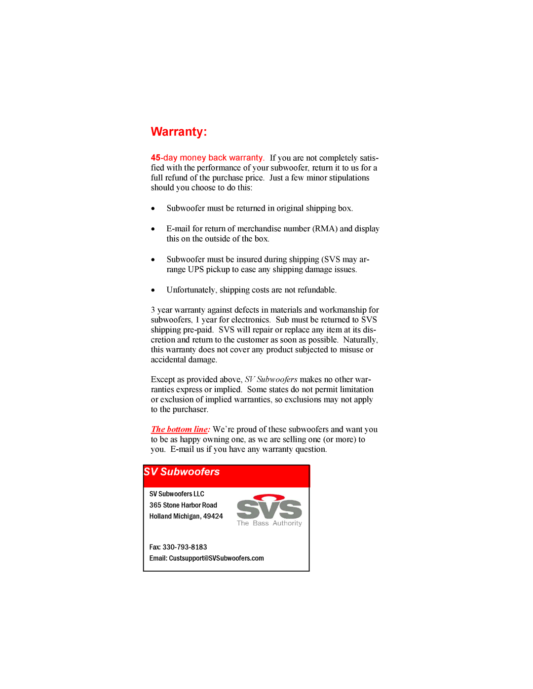 SV Sound 25-31PCi, 16-46PCi, 20-39PCi warranty Warranty 