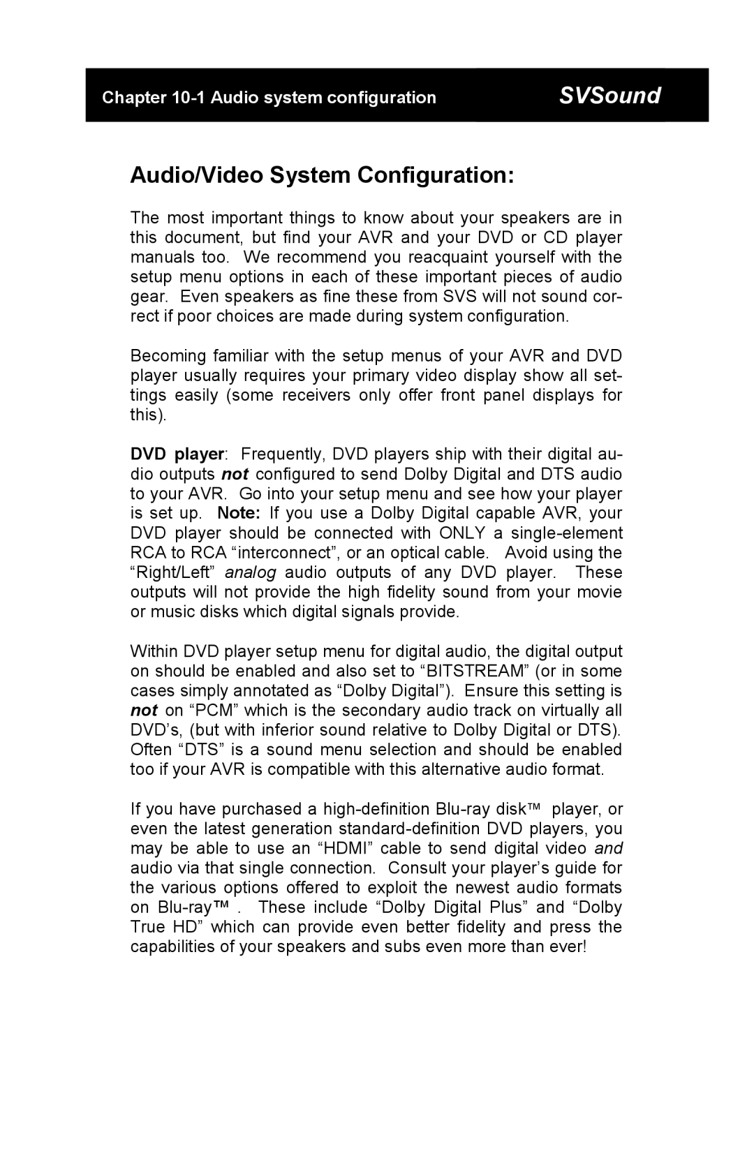 SV Sound SCS-01, MTS-01, SBS-01 specifications Audio/Video System Configuration 