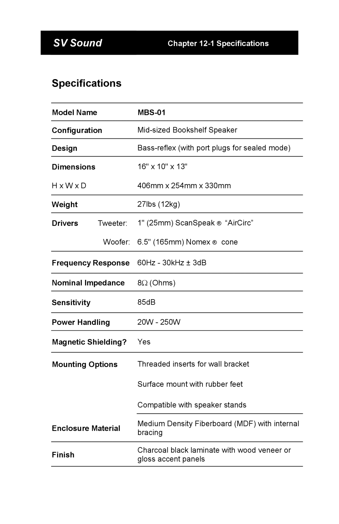 SV Sound MTS-01, SCS-01, SBS-01 specifications Specifications, Mounting Options 