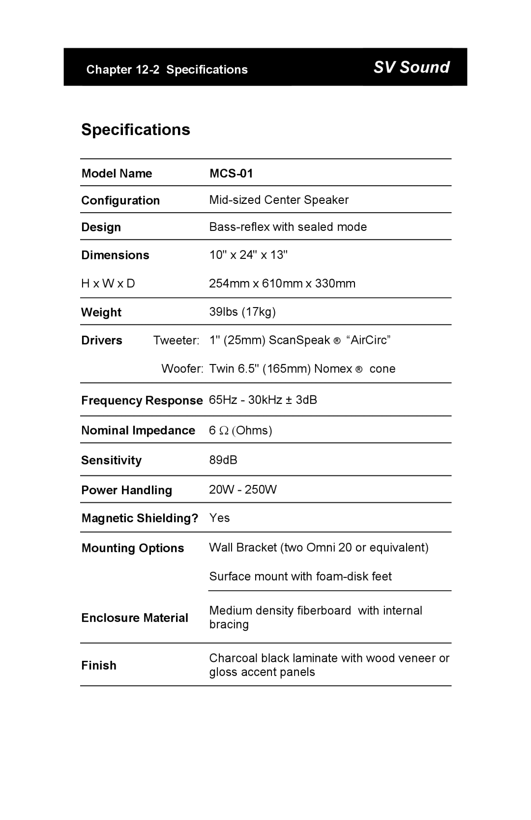 SV Sound SCS-01, MTS-01, SBS-01 specifications Model Name MCS-01 Configuration 