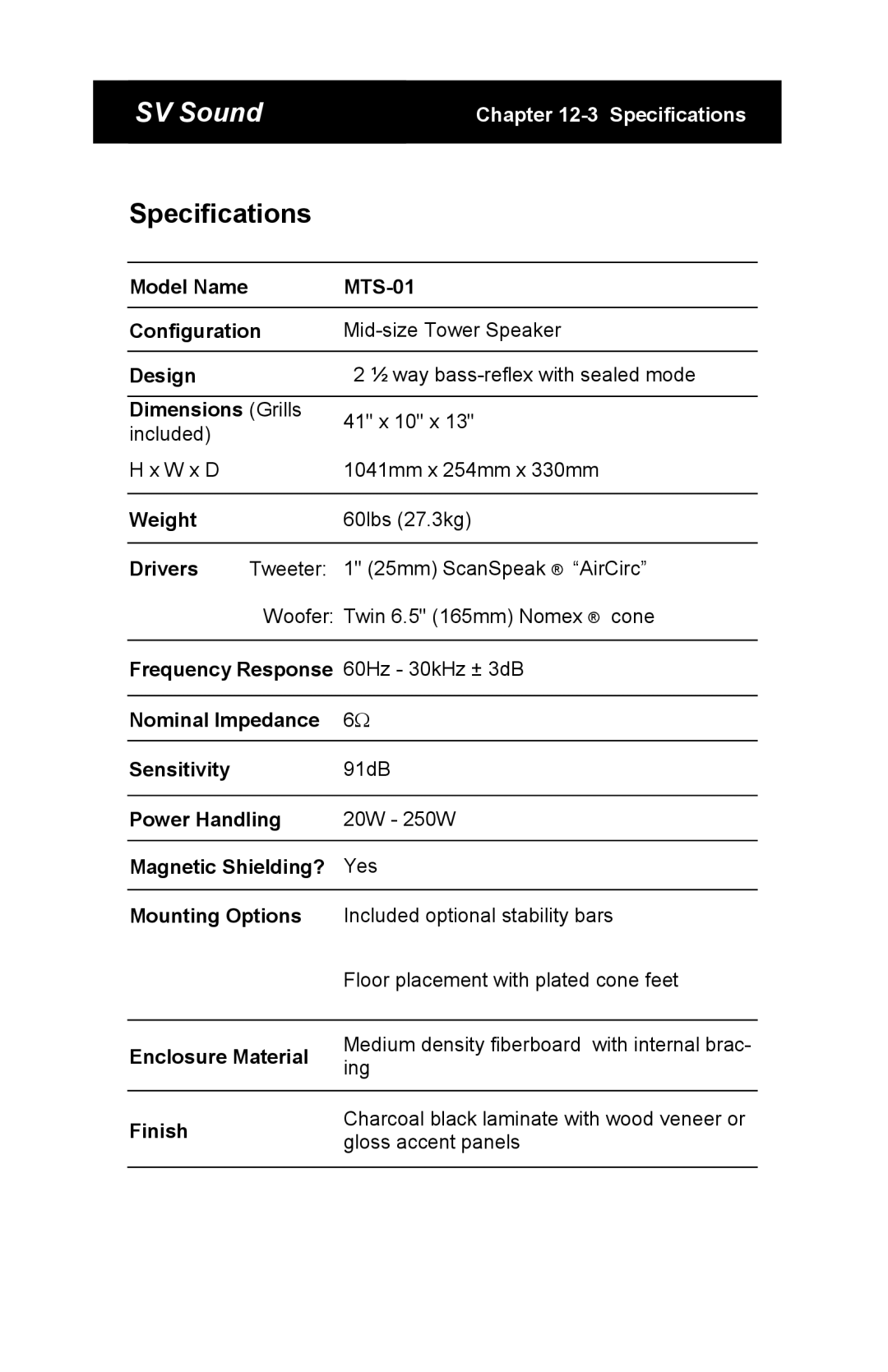 SV Sound SBS-01, SCS-01 specifications Model Name MTS-01 Configuration 