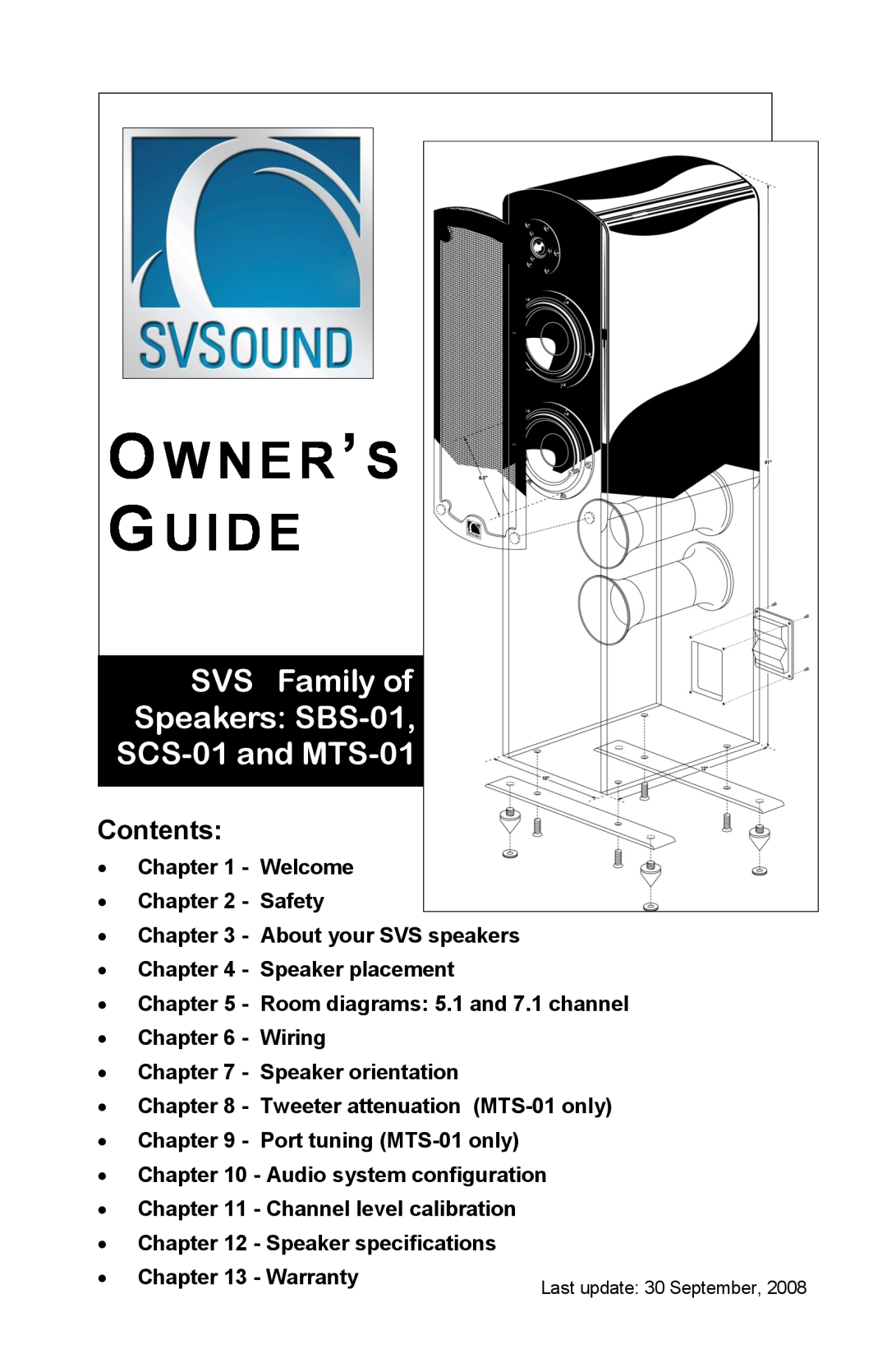 SV Sound specifications Contents, O W N E R ’ S Gu I D E, SVS Family of Speakers SBS-01 SCS-01and MTS-01 