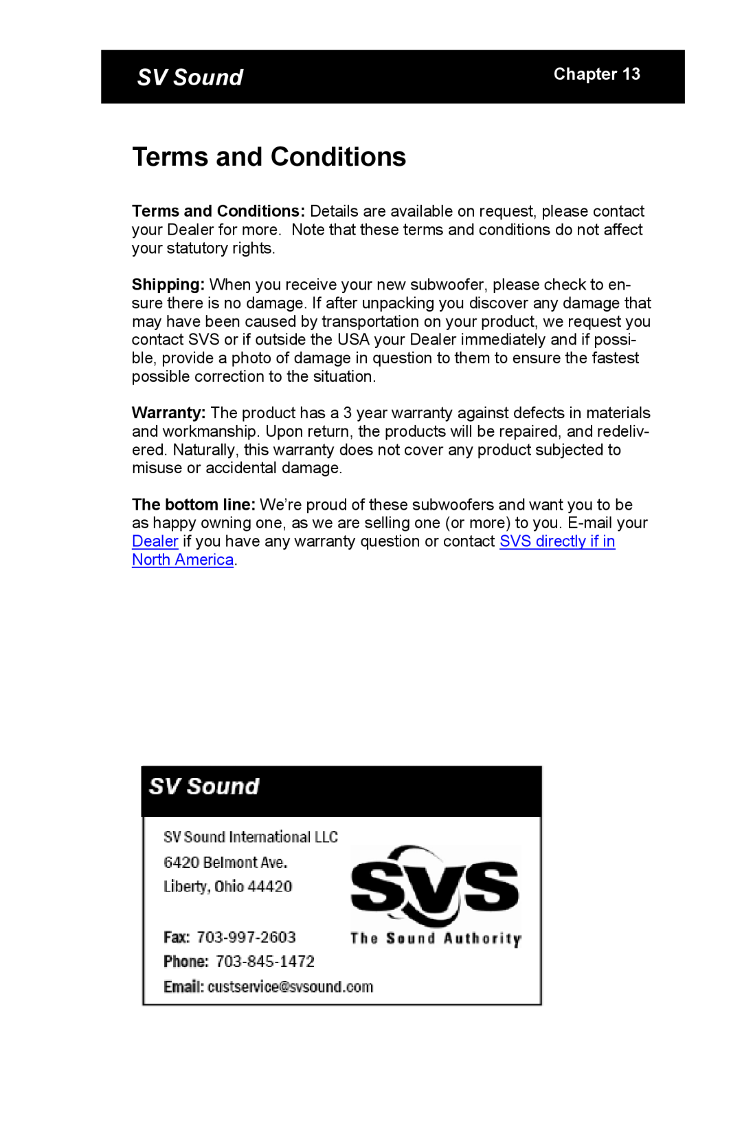 SV Sound MTS-01, SCS-01, SBS-01 specifications Terms and Conditions, SV Sound, Chapter 
