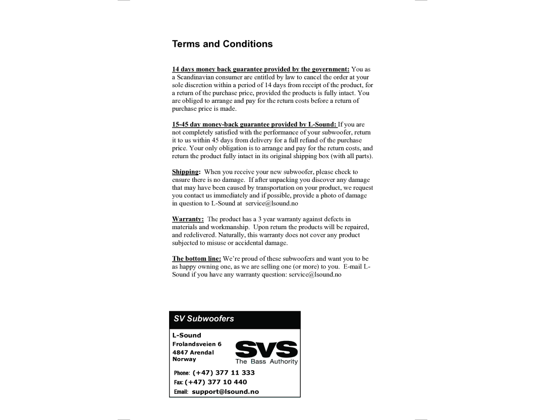 SV Sound PB10-ISD manual Terms and Conditions 