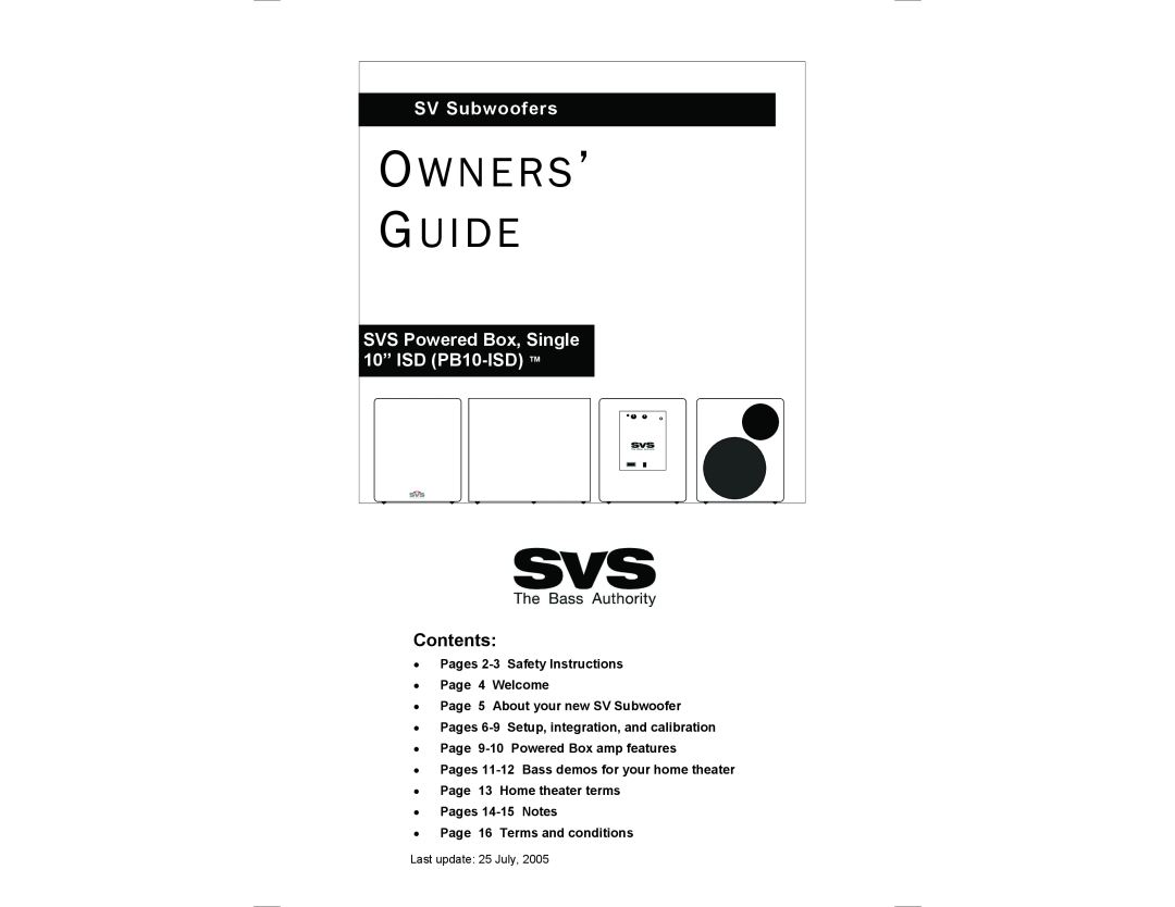SV Sound manual O W N E R S ’ G U I D E, SV Subwoofers, SVS Powered Box, Single 10” ISD PB10-ISD, Contents 