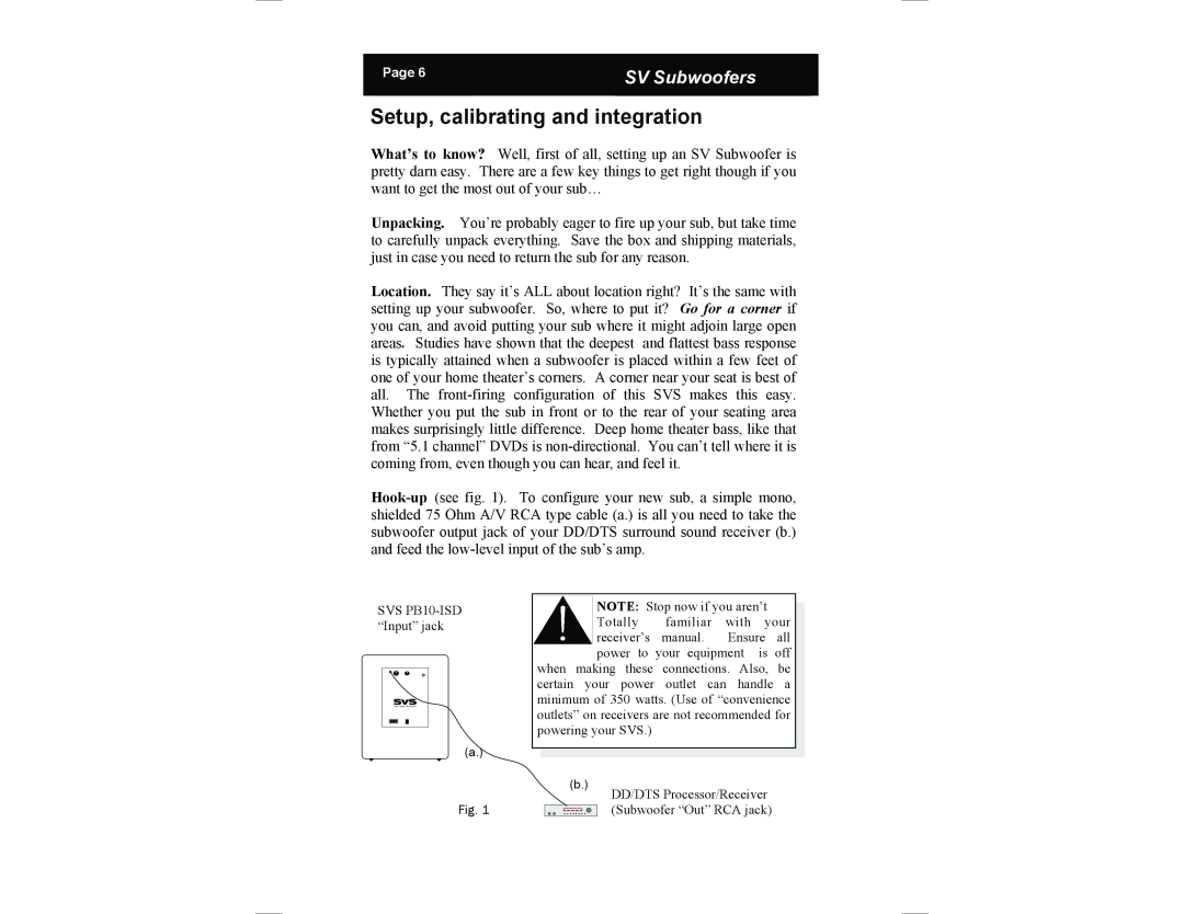SV Sound PB10-ISD manual Setup, calibrating and integration, SV Subwoofers, Page 6 Page 