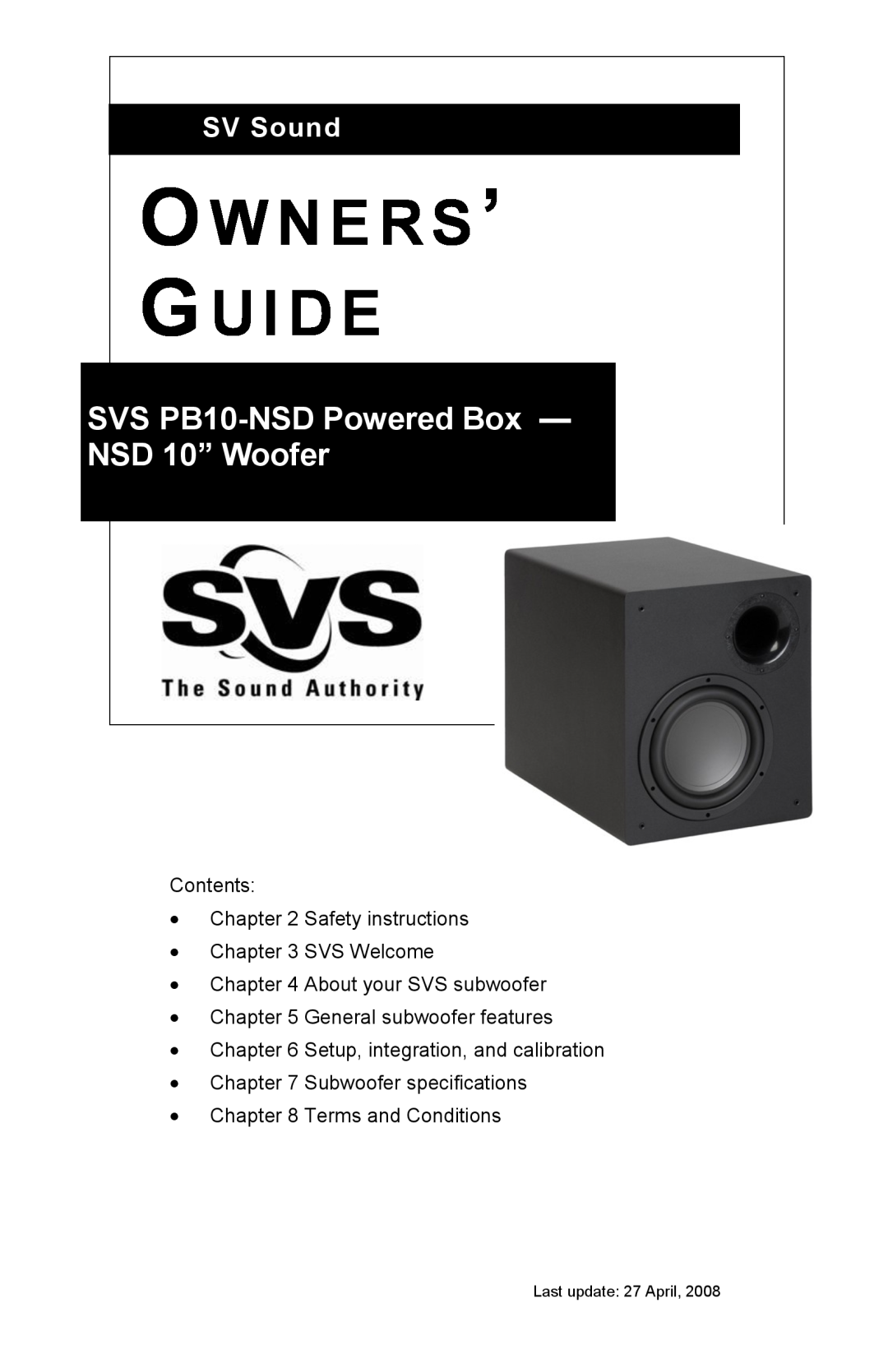 SV Sound specifications O W N E R S ’ G U I D E, SVS PB10-NSDPowered Box - NSD 10” Woofer, SV Sound 
