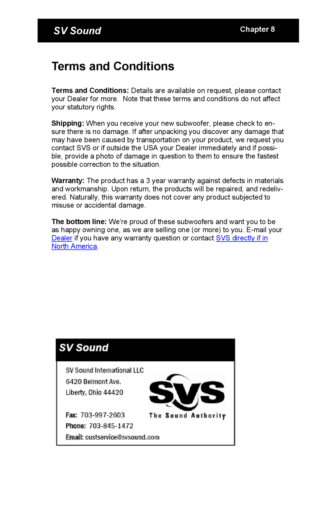 SV Sound PB10-NSD specifications Terms and Conditions, SV Sound, Chapter 