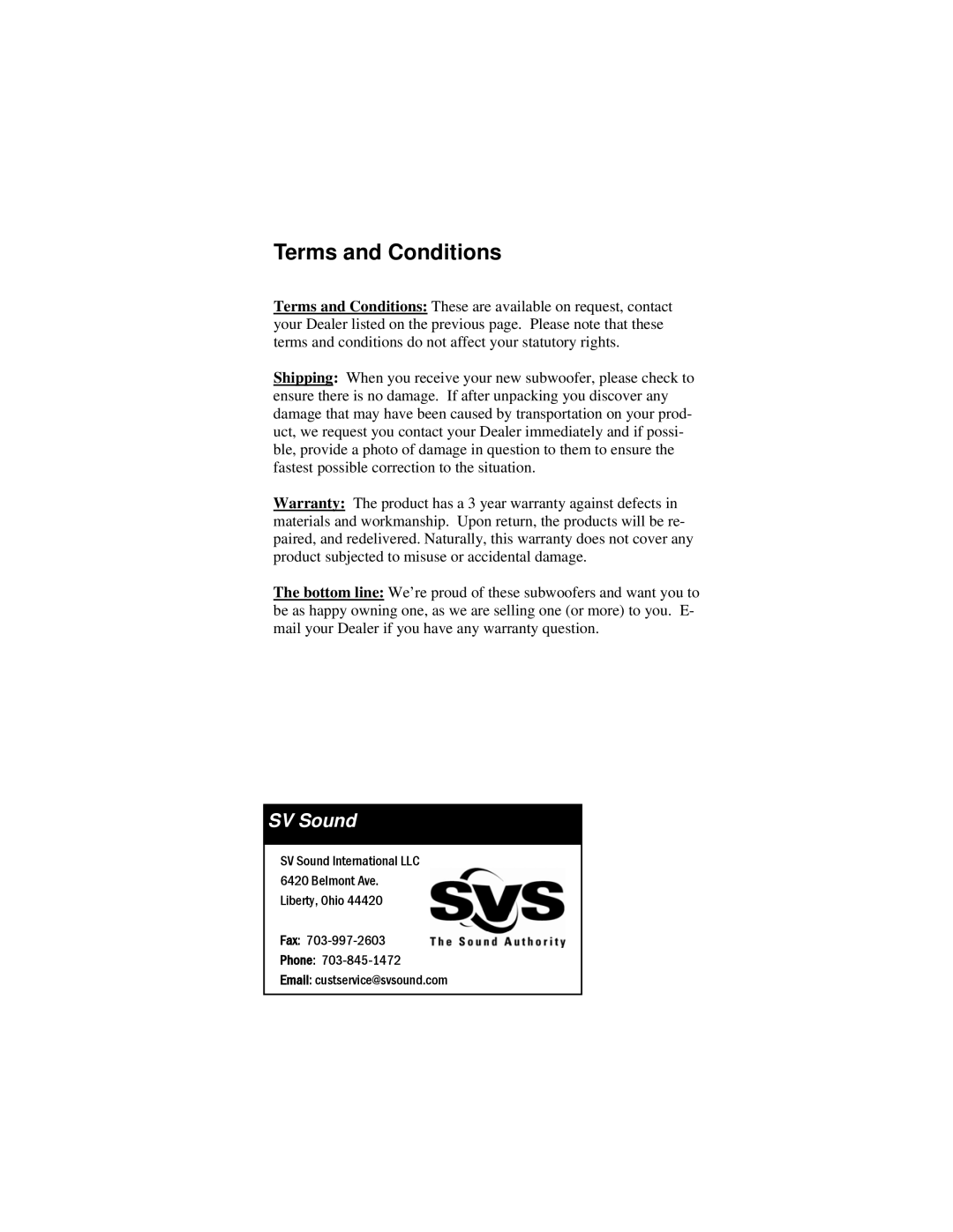 SV Sound PB12-NSD manual Terms and Conditions 