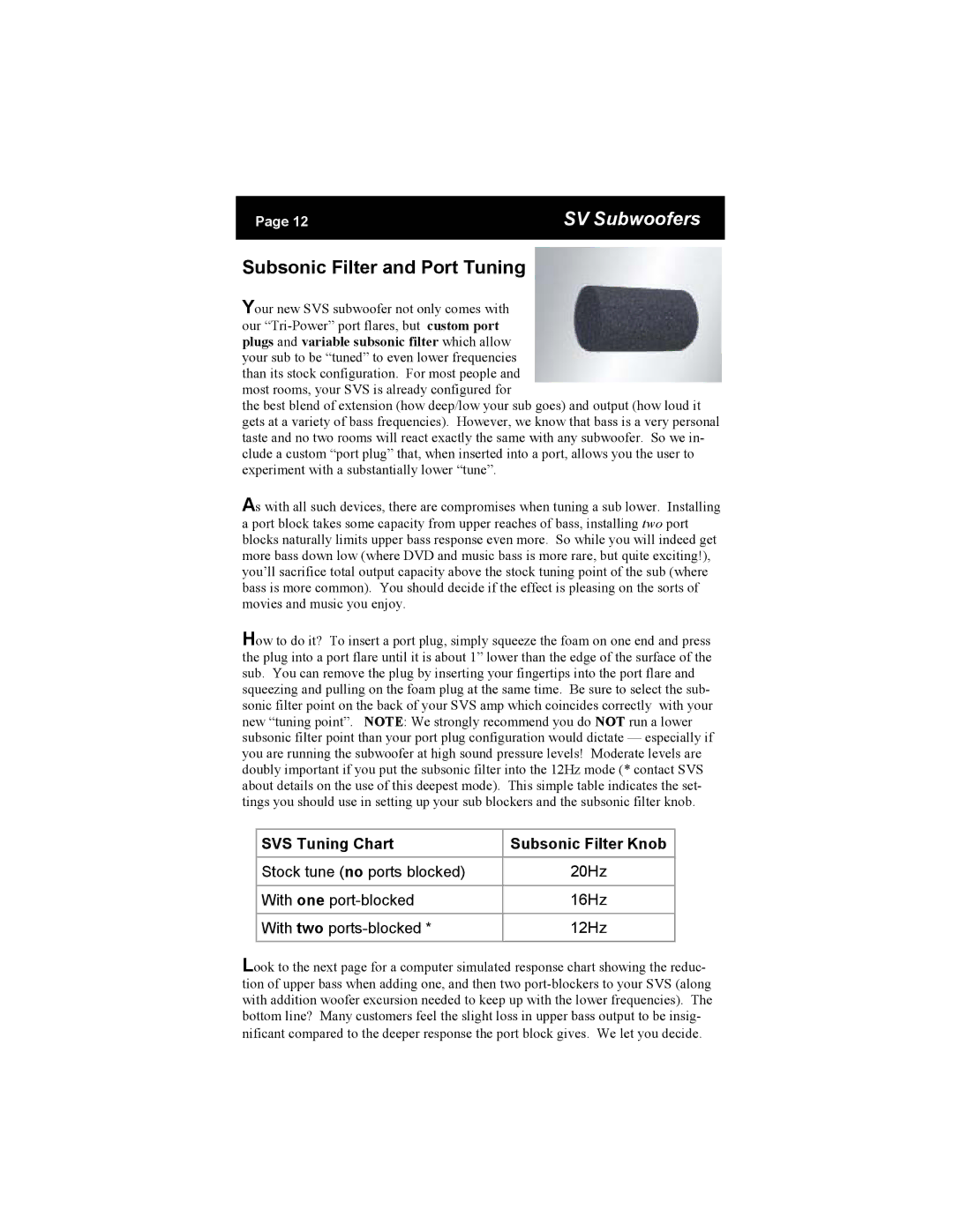 SV Sound PB12-Plus, PB12-ISD/V, PB12-Ultra manual Subsonic Filter and Port Tuning 