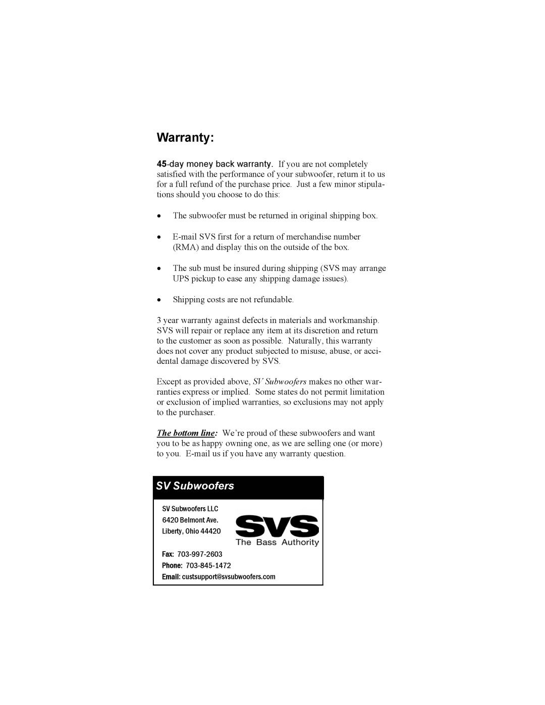 SV Sound PB12-ISD/V, PB12-Plus, PB12-Ultra manual Warranty, SV Subwoofers 