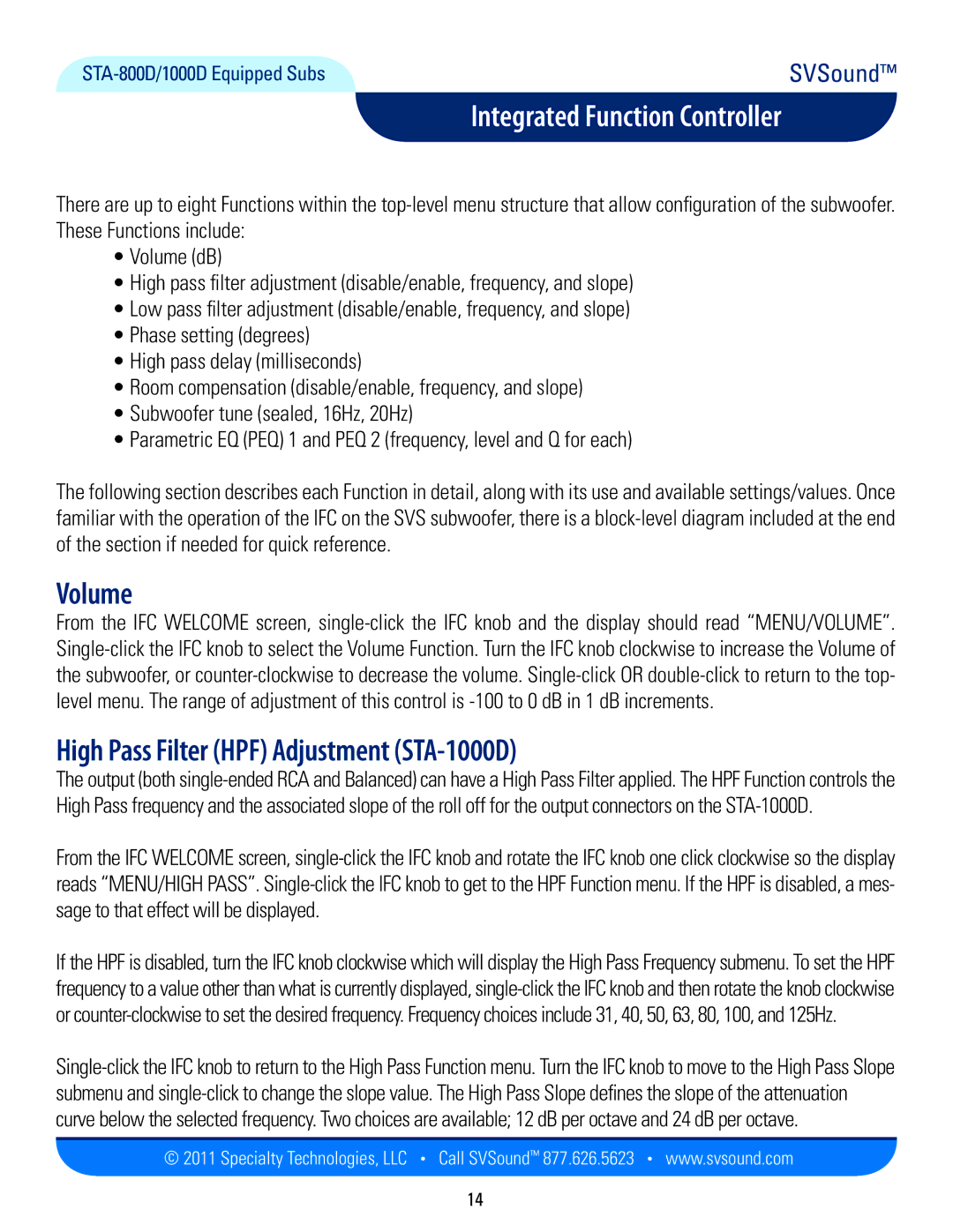 SV Sound SB13-Plus, PB12-Plus, PC12-Plus, SB13-Ultra, PB13-Ultra, PC13-Ultra Volume, High Pass Filter HPF Adjustment STA-1000D 