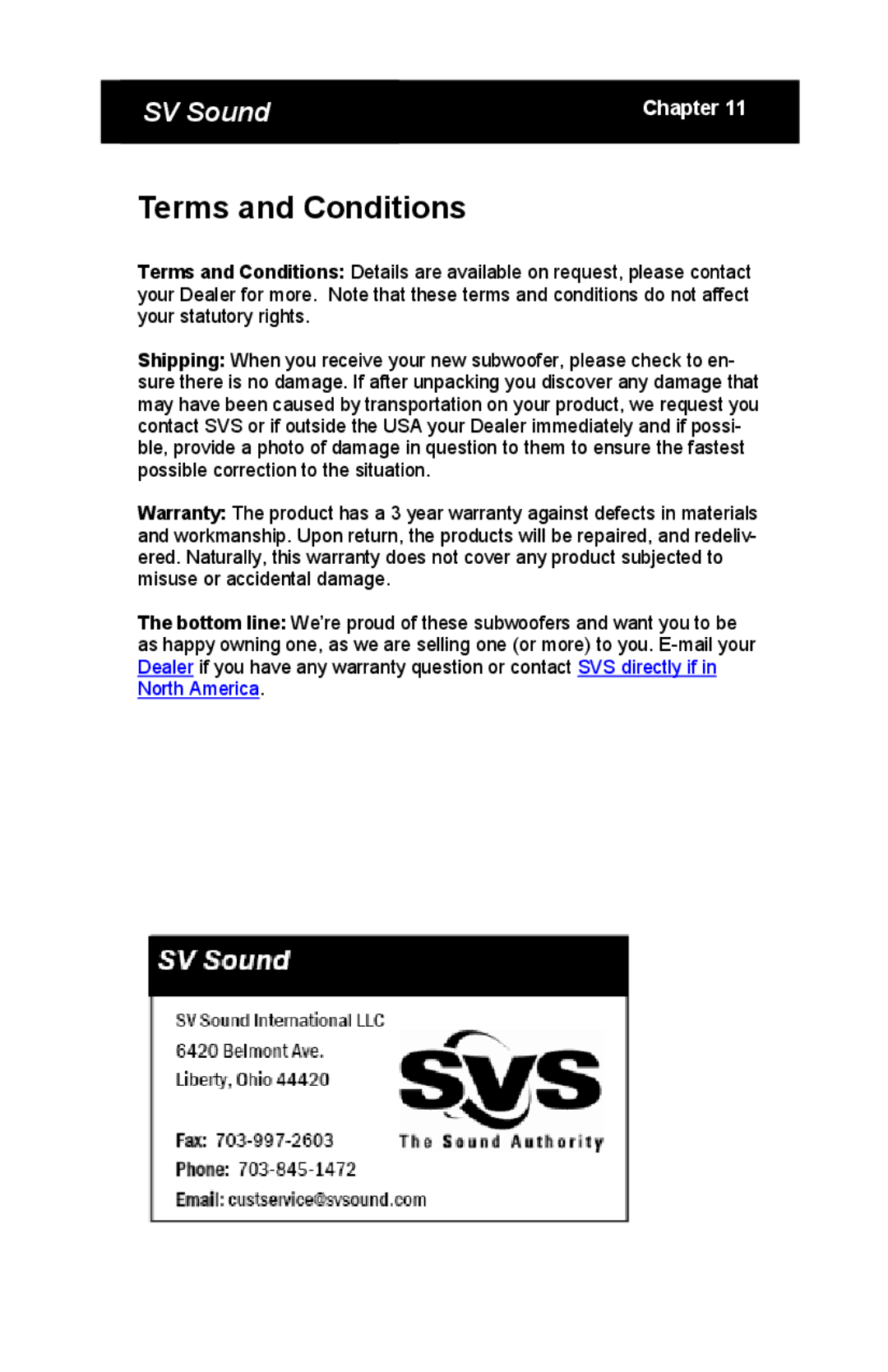 SV Sound PB13 specifications Terms and Conditions 