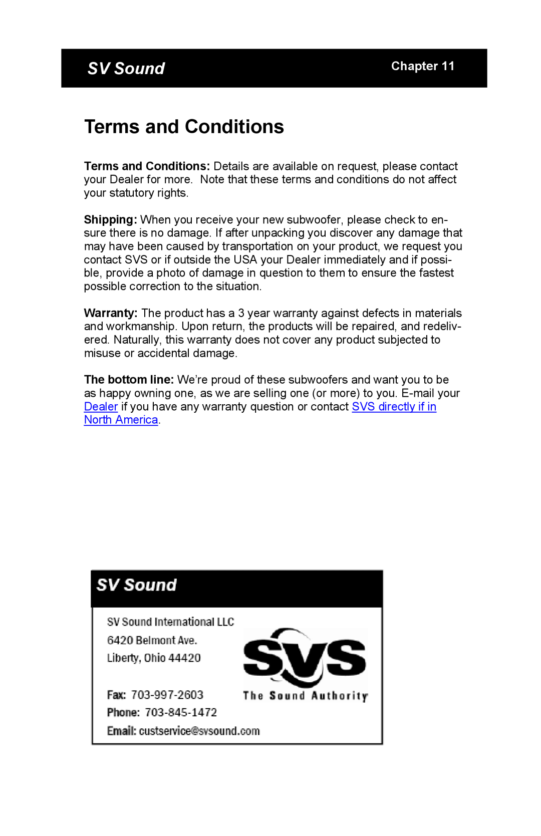 SV Sound PB13 specifications Terms and Conditions, SV Sound, Chapter 