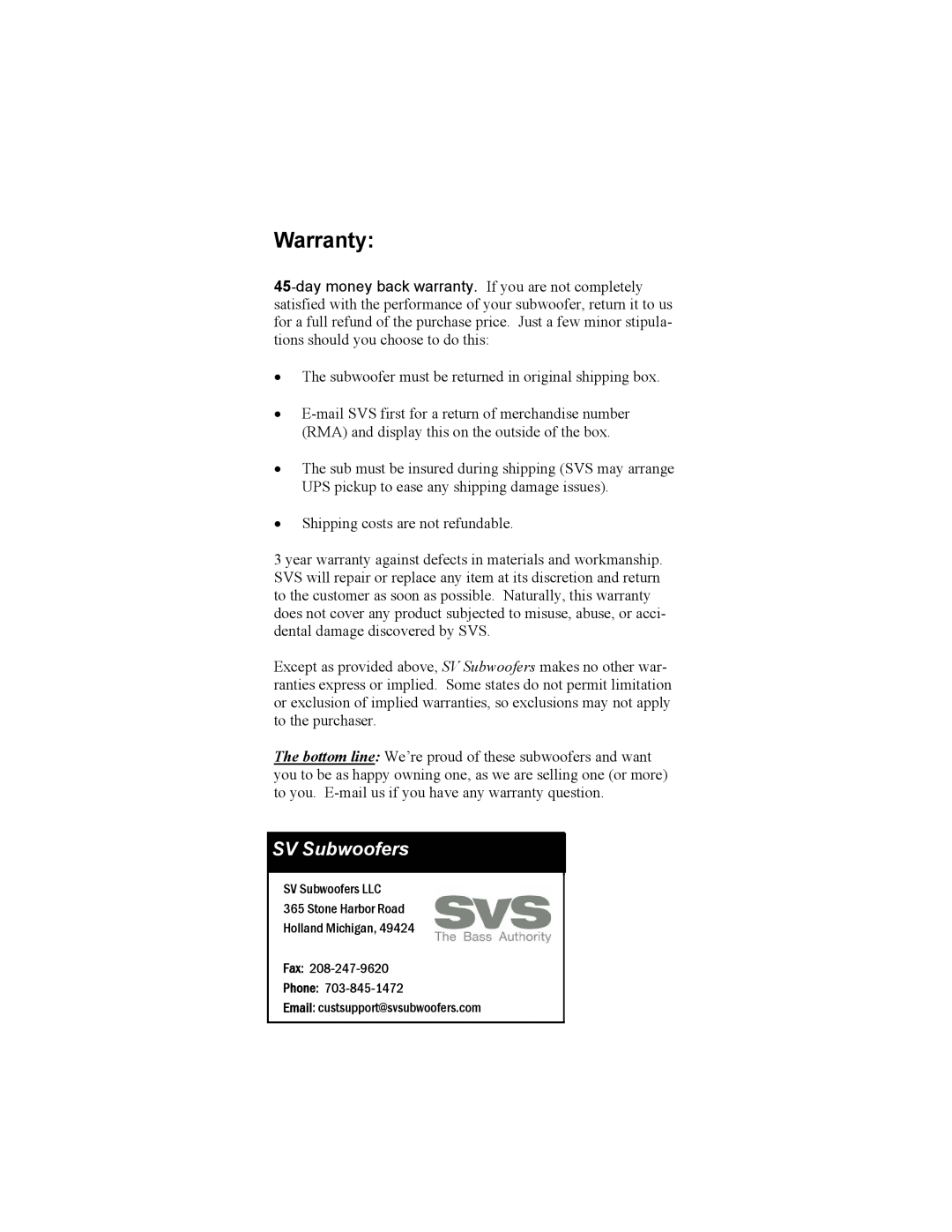 SV Sound PB2-ISD warranty Warranty, SV Subwoofers 