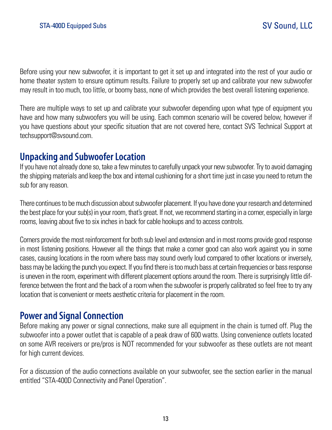 SV Sound PB12-NSD, PC12-NSD, SB12-NSD manual Unpacking and Subwoofer Location, Power and Signal Connection 