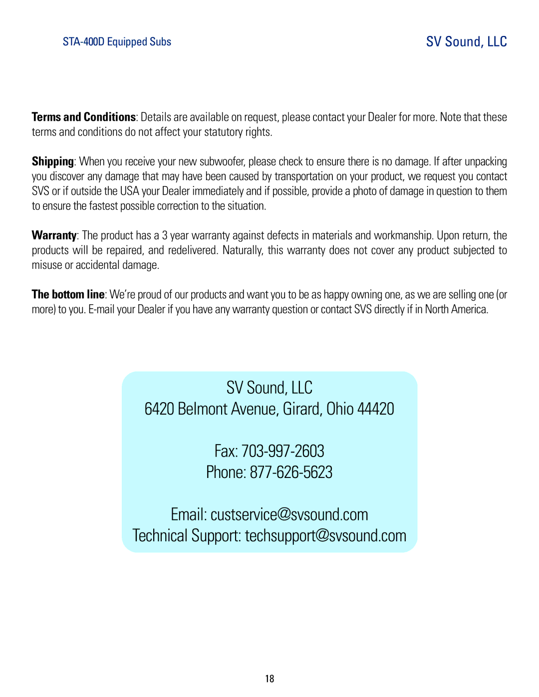 SV Sound PC12-NSD, PB12-NSD, SB12-NSD manual Terms & Conditions 