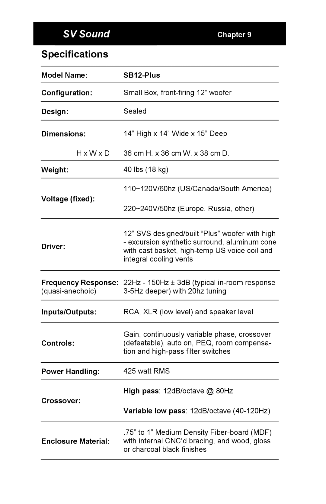 SV Sound SB12-Plus specifications Specifications 