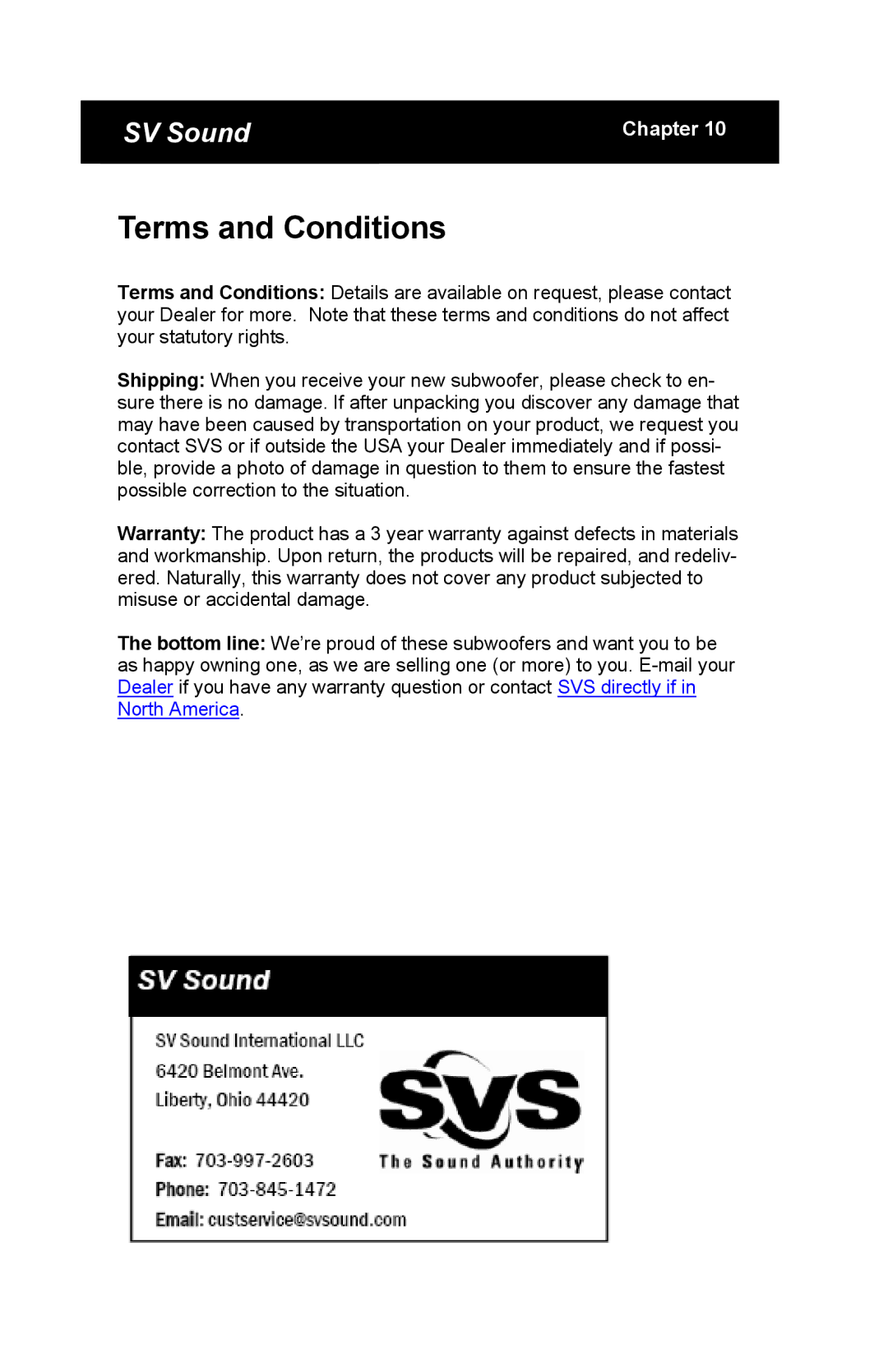 SV Sound SB12-Plus specifications Terms and Conditions 