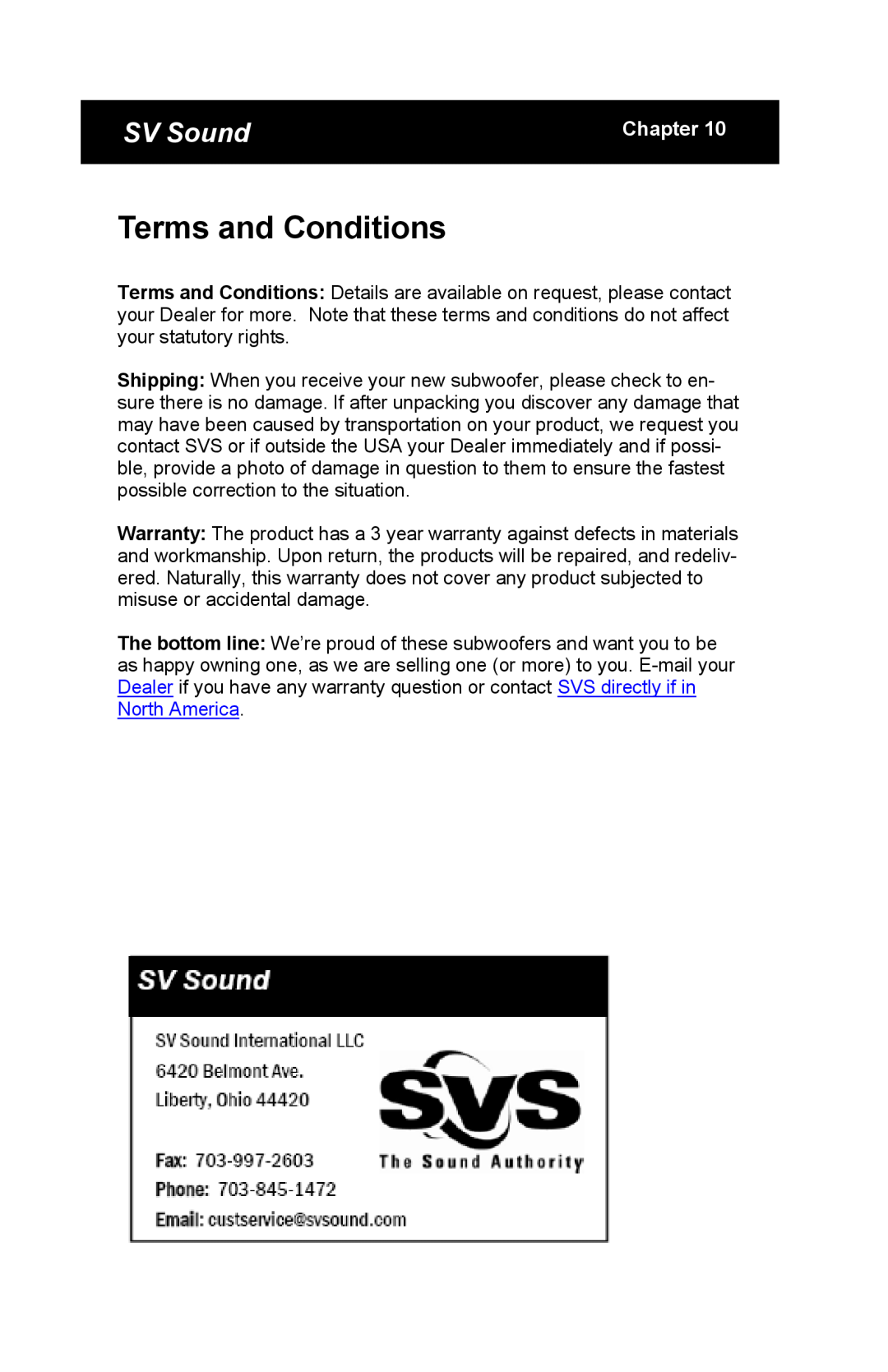 SV Sound SB12-Plus specifications Terms and Conditions, SV Sound, Chapter 