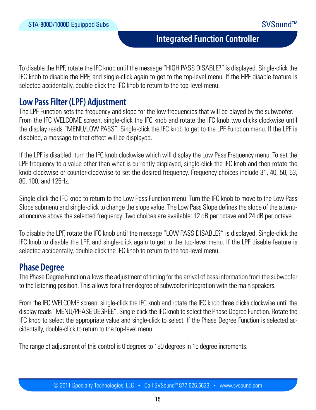 SV Sound STA-800D, STA-1000D manual Low Pass Filter LPF Adjustment, Phase Degree 