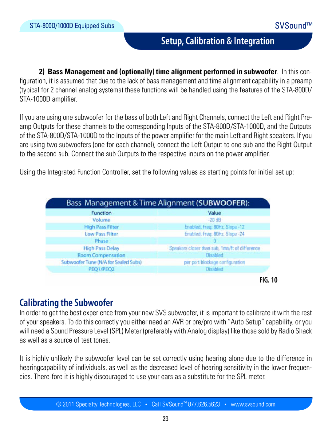 SV Sound STA-800D, STA-1000D manual Calibrating the Subwoofer 