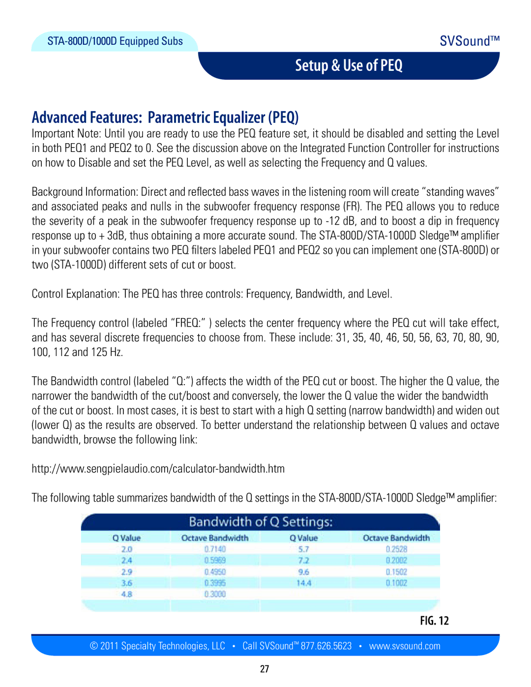 SV Sound STA-800D, STA-1000D manual Setup & Use of PEQ, Advanced Features Parametric Equalizer PEQ 