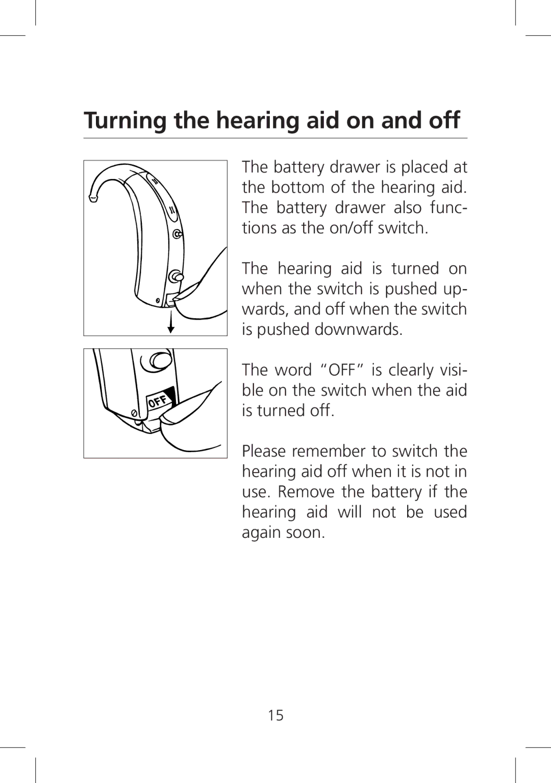 SV Sound SV-19 manual Turning the hearing aid on and off 