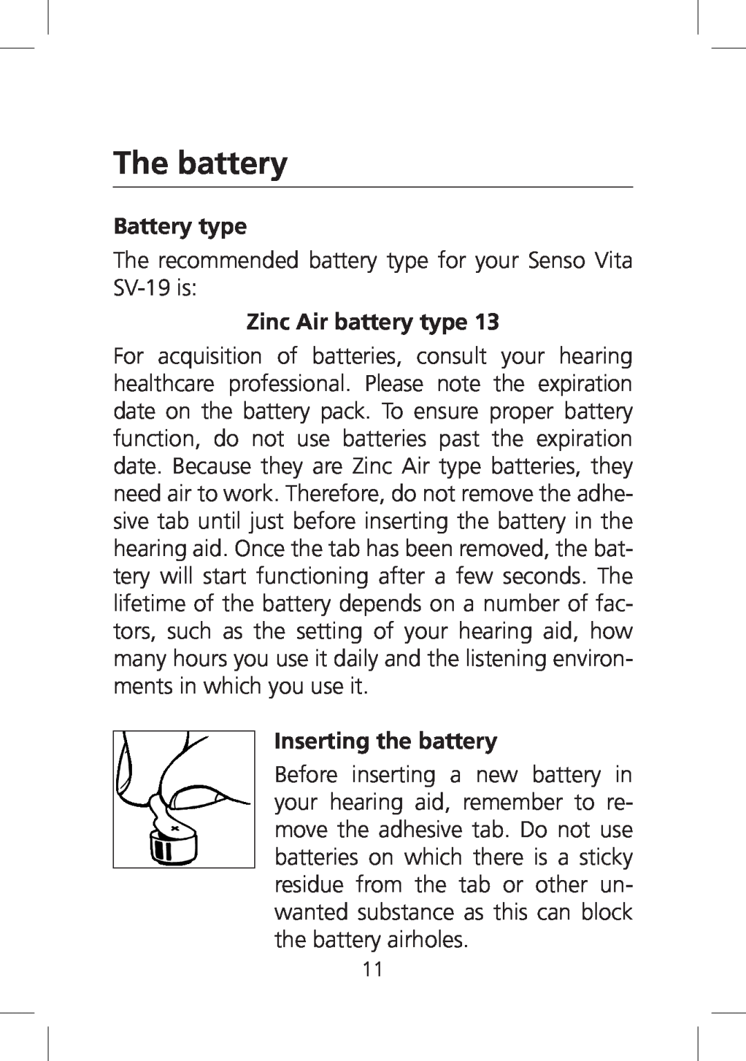 SV Sound SV-19 manual The battery, Battery type, Zinc Air battery type, Inserting the battery 