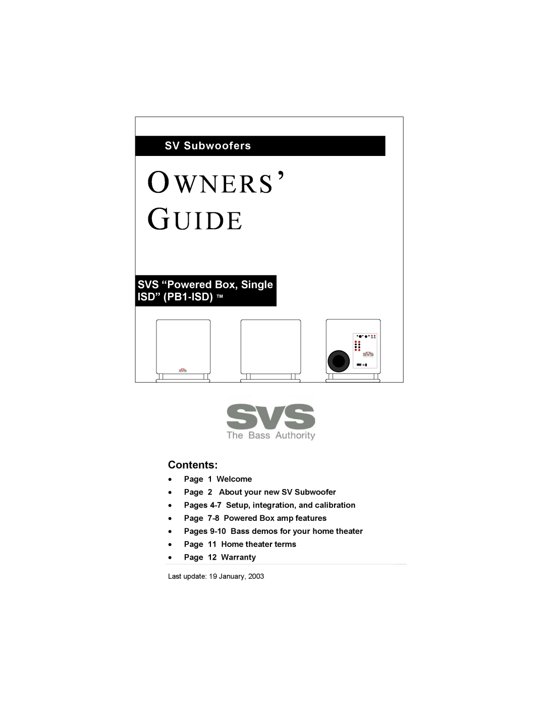 SV Sound warranty Owners’ Guide, SV Subwoofers, SVS “Powered Box, Single ISD” PB1-ISD, Contents, Page 1 Welcome 