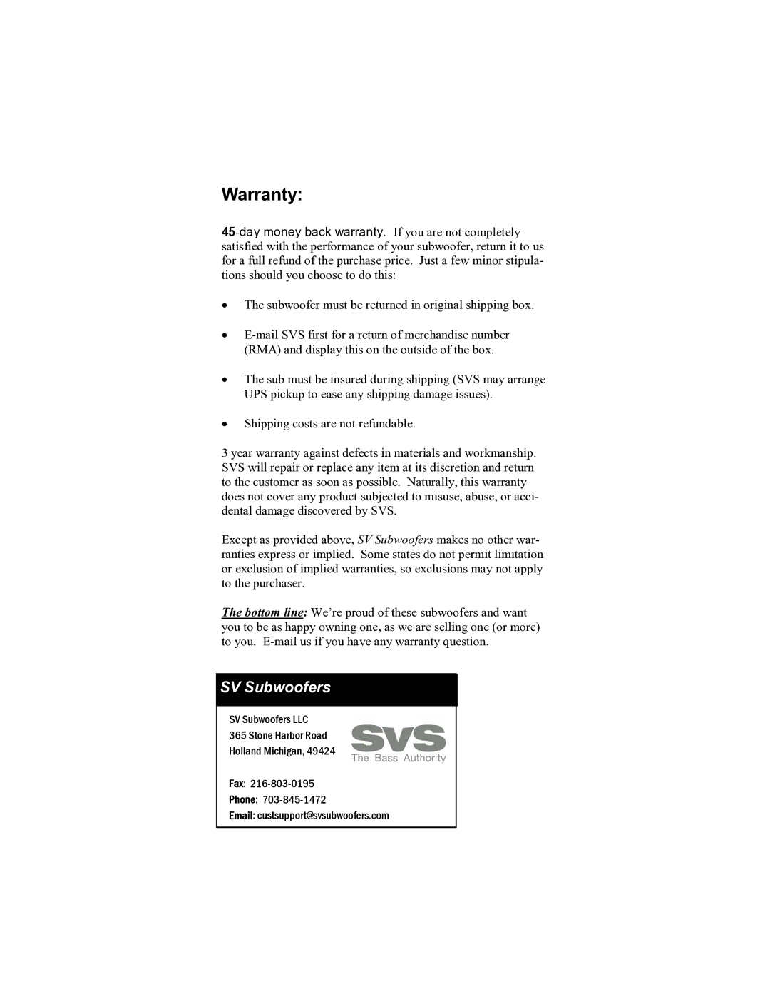 SV Sound SVS PB1-Plus manual Warranty 