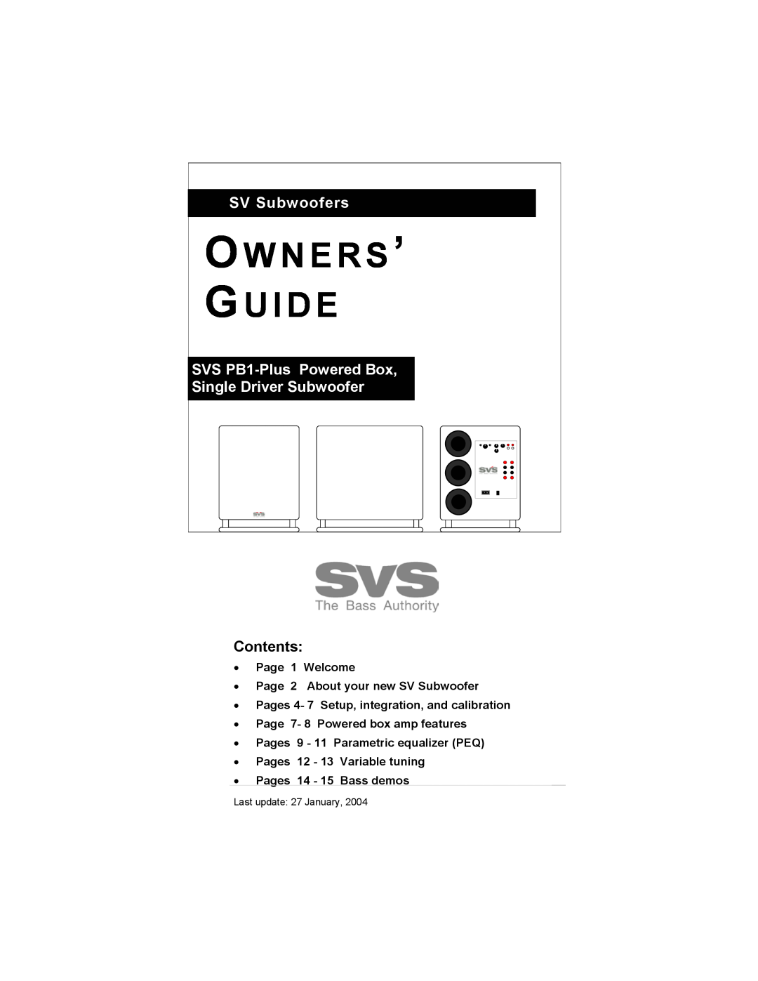 SV Sound SVS PB1-Plus manual Contents, O W N E R S ’ G U I D E, SV Subwoofers, Last update 27 January 