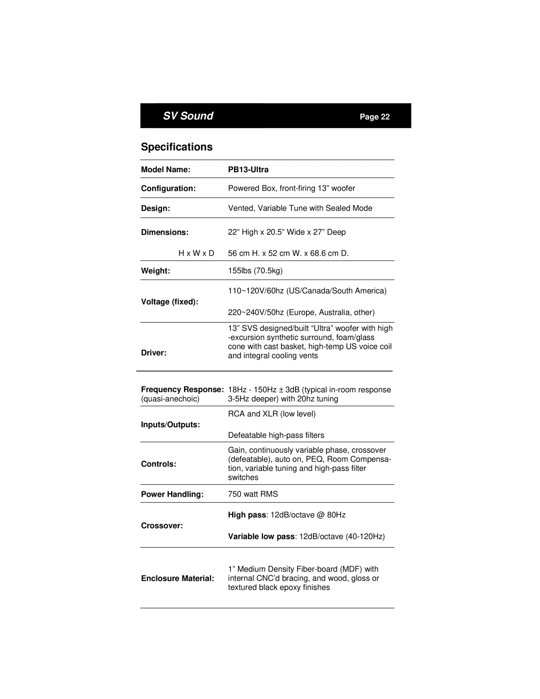 SV Sound SVS PB13 specifications Specifications 