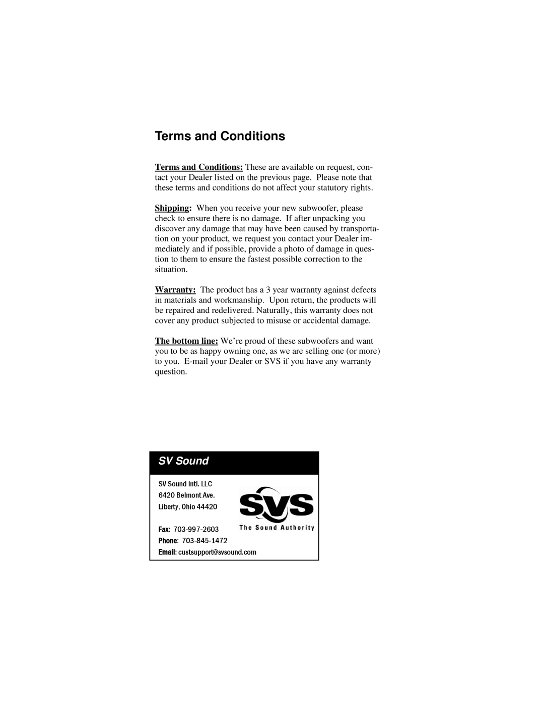 SV Sound SVS PB13 specifications Terms and Conditions 